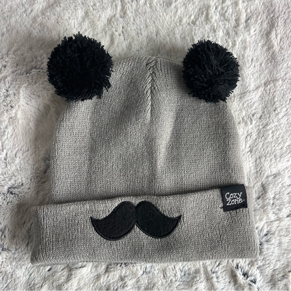 Cozy Zone With Mustache Gray Knit Hat with Black Pom Poms